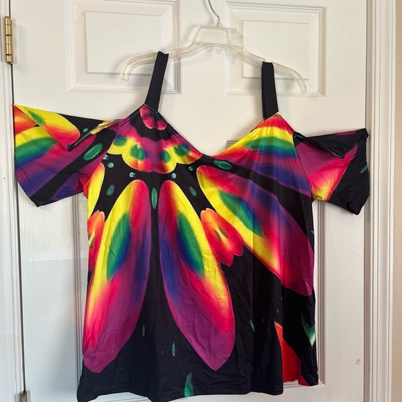 Women's Plus Size Magenta Colorblock Cold Shoulder Summer Trendy Blouse Top 20W - Picture 6 of 8